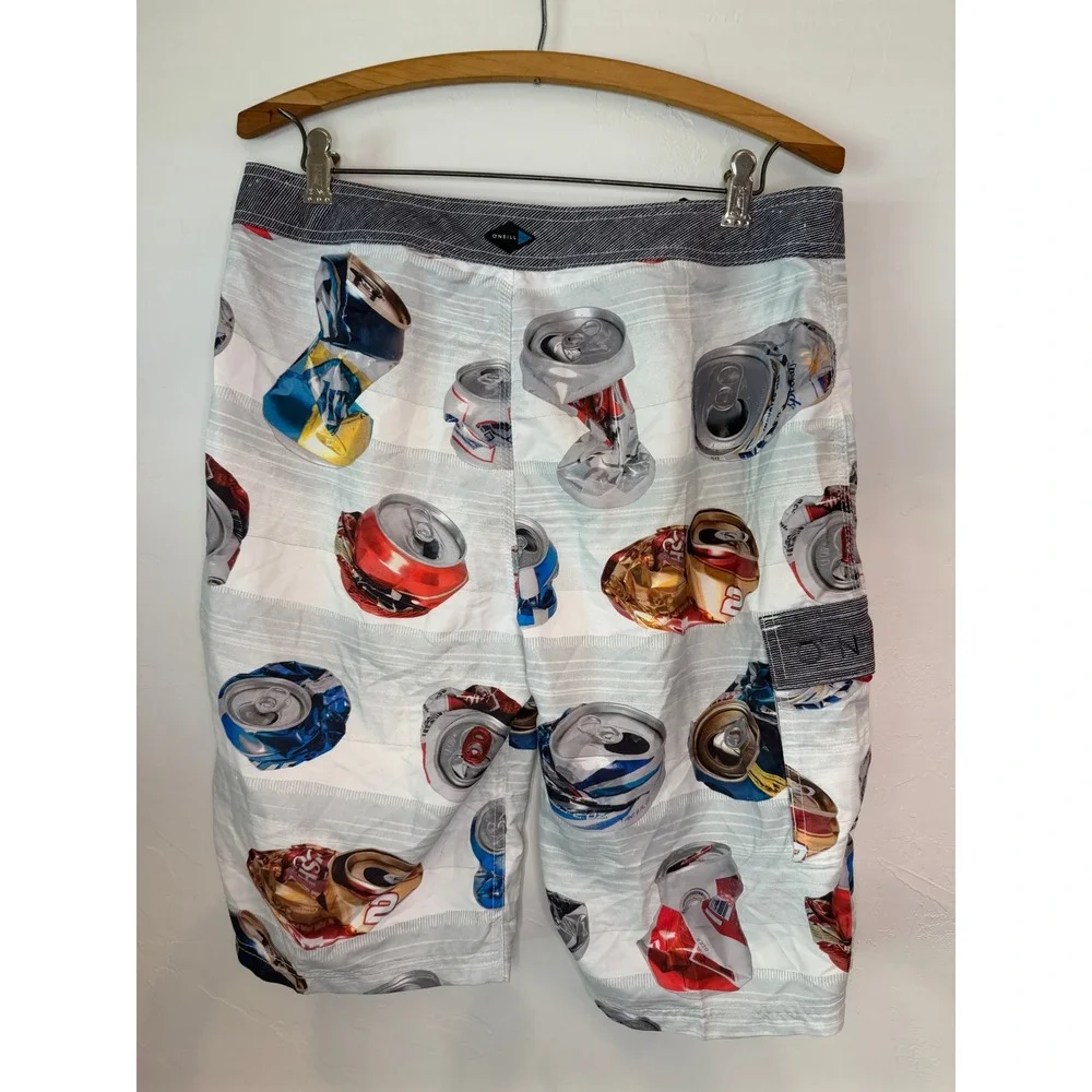 O'Neill Mens Board Shorts Size 30 Crushed‎ Soda Beer Can Print Swim Trunks Grey